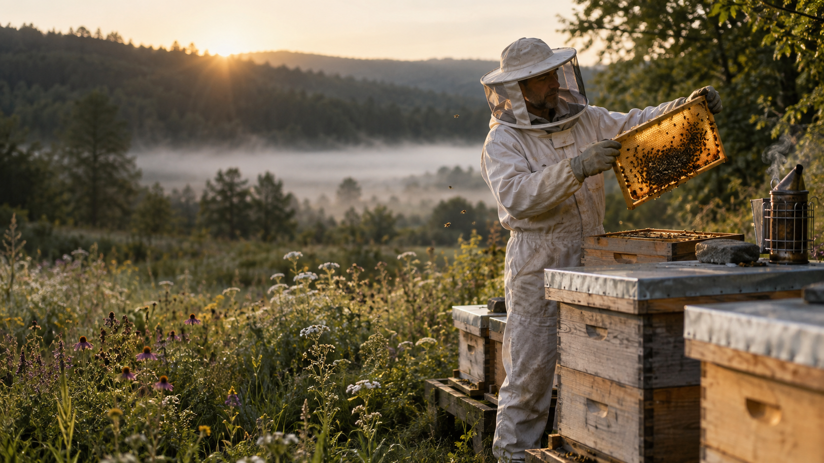 A beekeeper inspecting a honeycomb frame beside thriving hives at sunrise